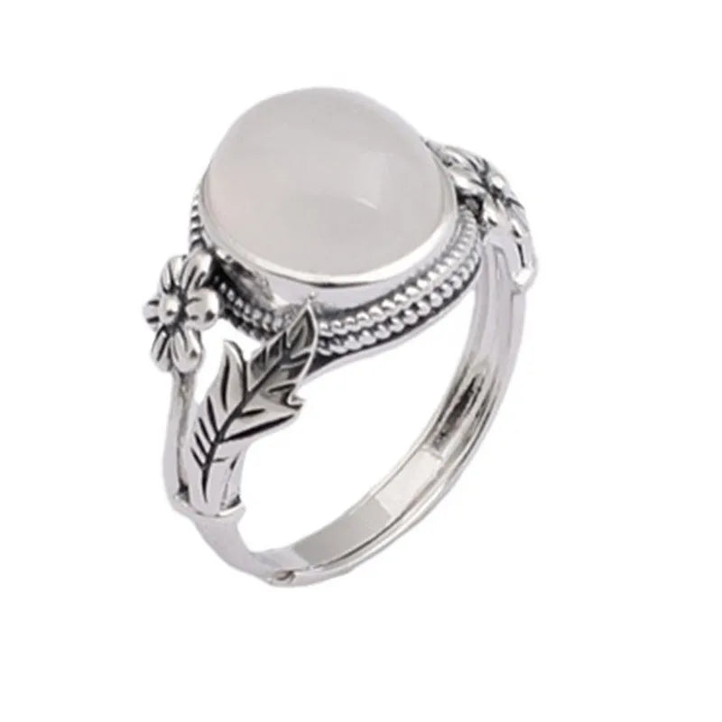 Copper vintage ring with imitation white chalcedony stone and adjustable open-mouth design