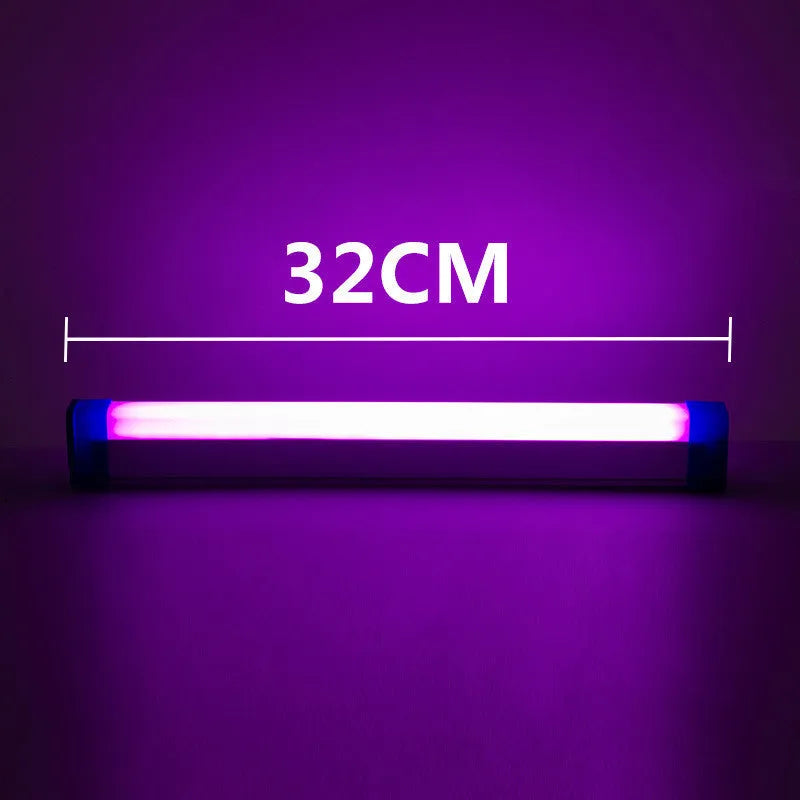 Rechargeable dimmable LED tube light in blue and purple colours shown in a bedroom setting.