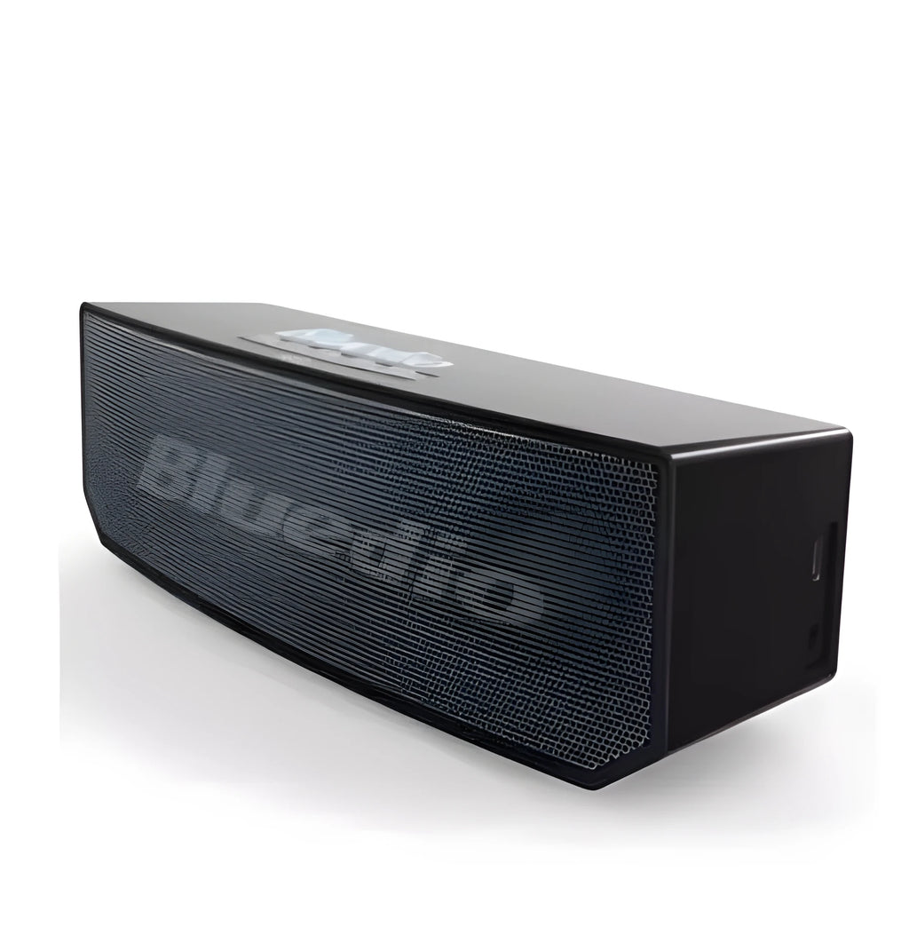 Black rectangular BS-6 cloud smart speaker with Bluetooth connectivity on desktop