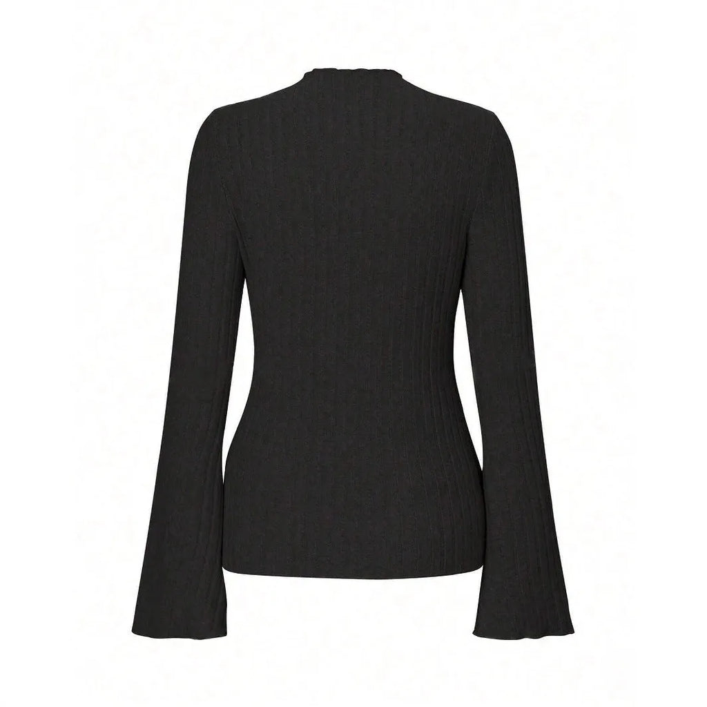 Long sleeve round neck top with lantern sleeves and sunken stripe detail in slim black casual styling