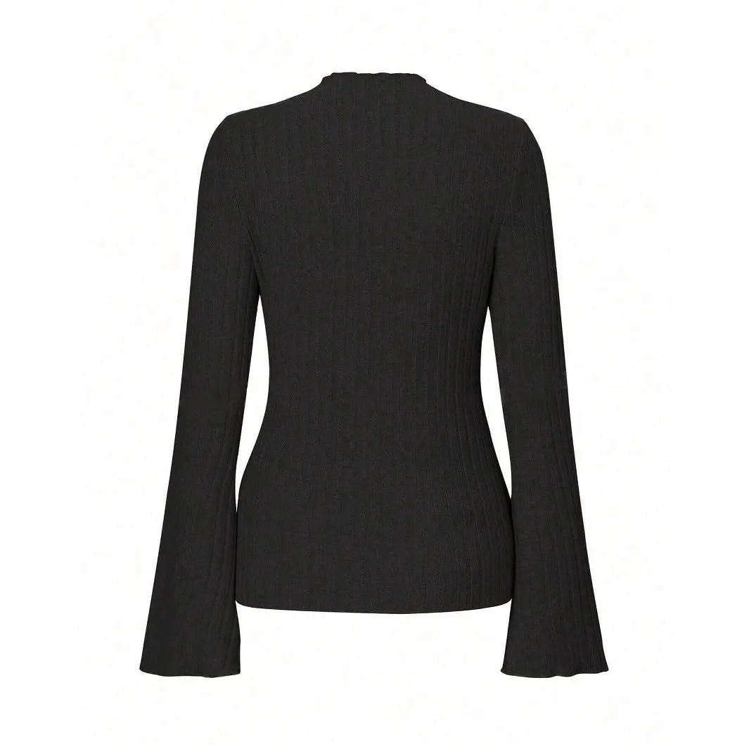 Long sleeve round neck top with lantern sleeves and sunken stripe detail in slim black casual styling