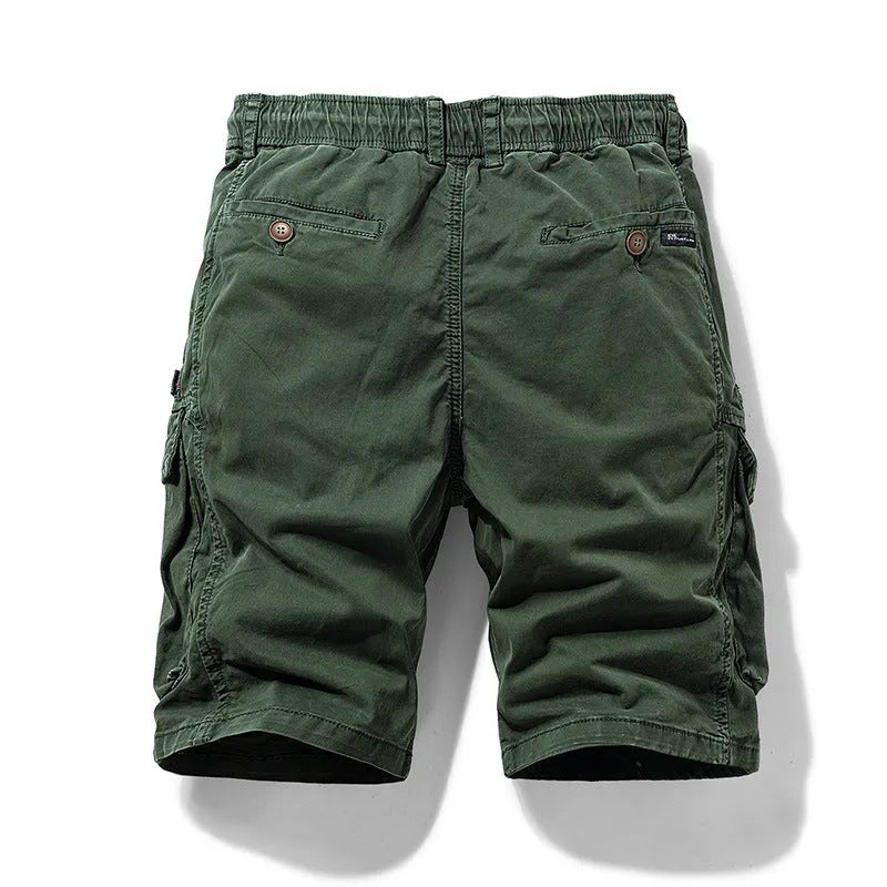 Men's cotton summer shorts with zipper closure and multiple pockets in army green colour