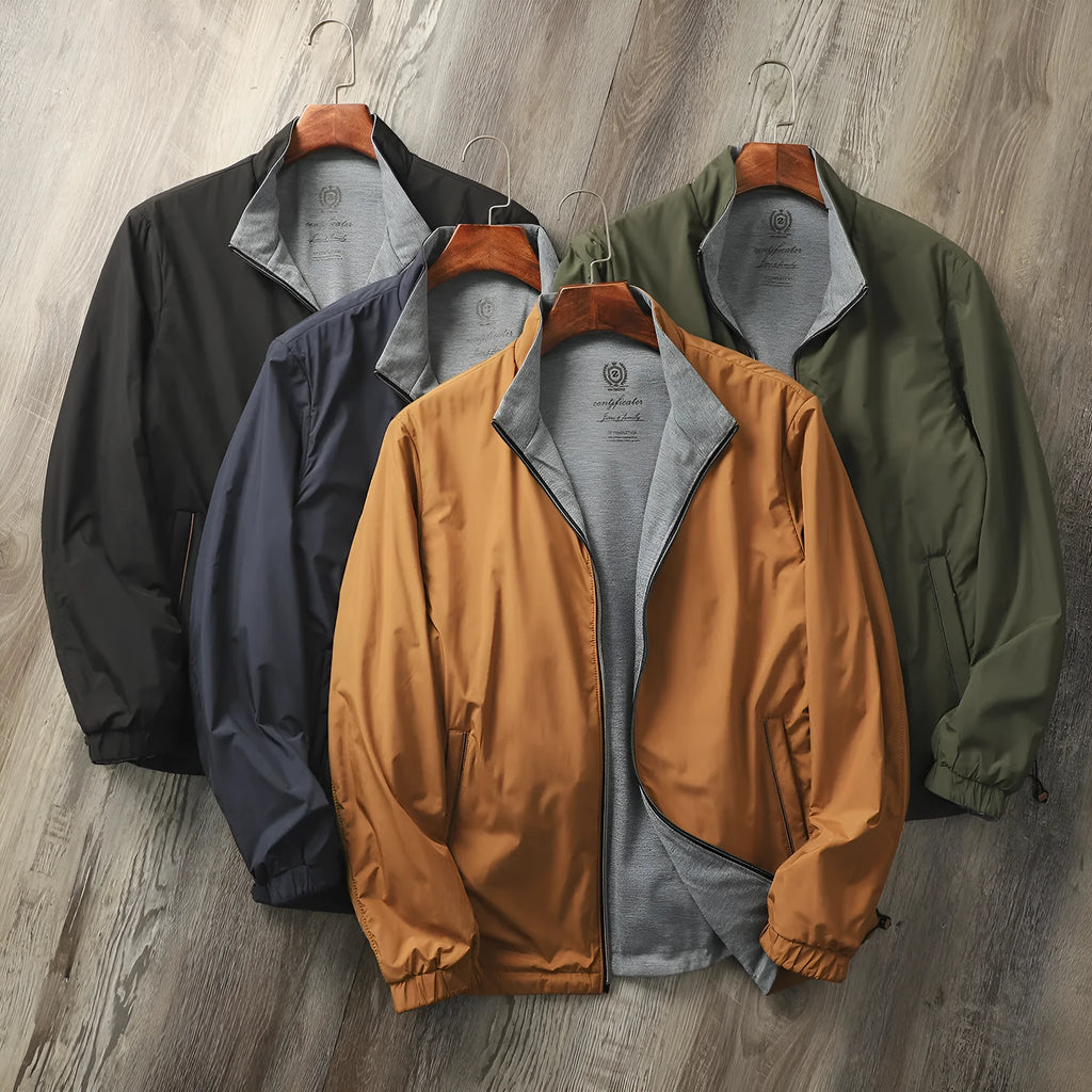 Men's stand collar casual jacket in polyester blend fabric with cotton lining