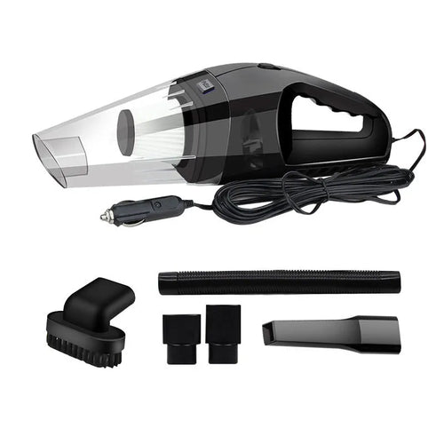 Orange, black, and blue handheld 12V car vacuum cleaner with nozzles and long power cord.