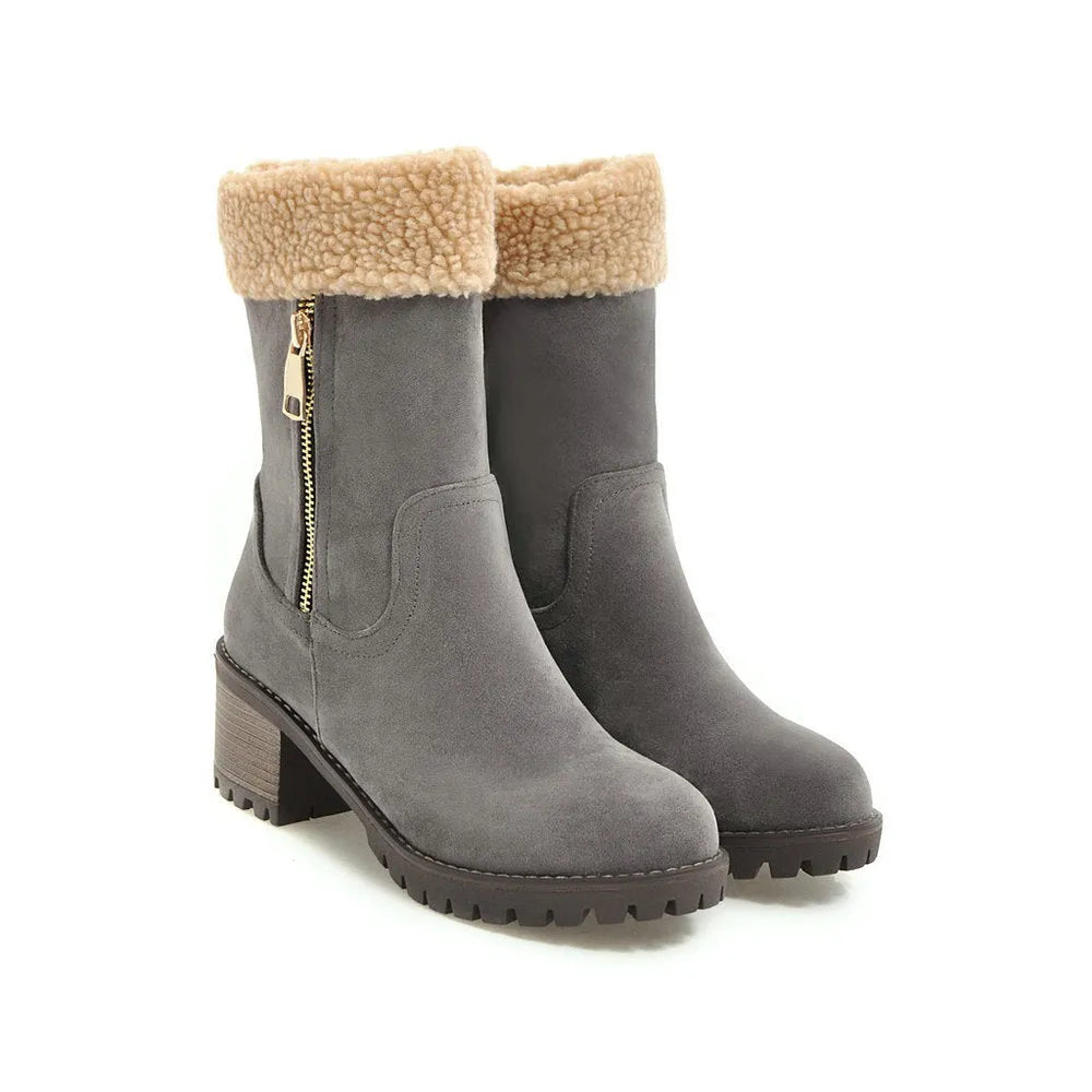 Waterproof snow boots with short plush lining in black, grey, green, or orange.