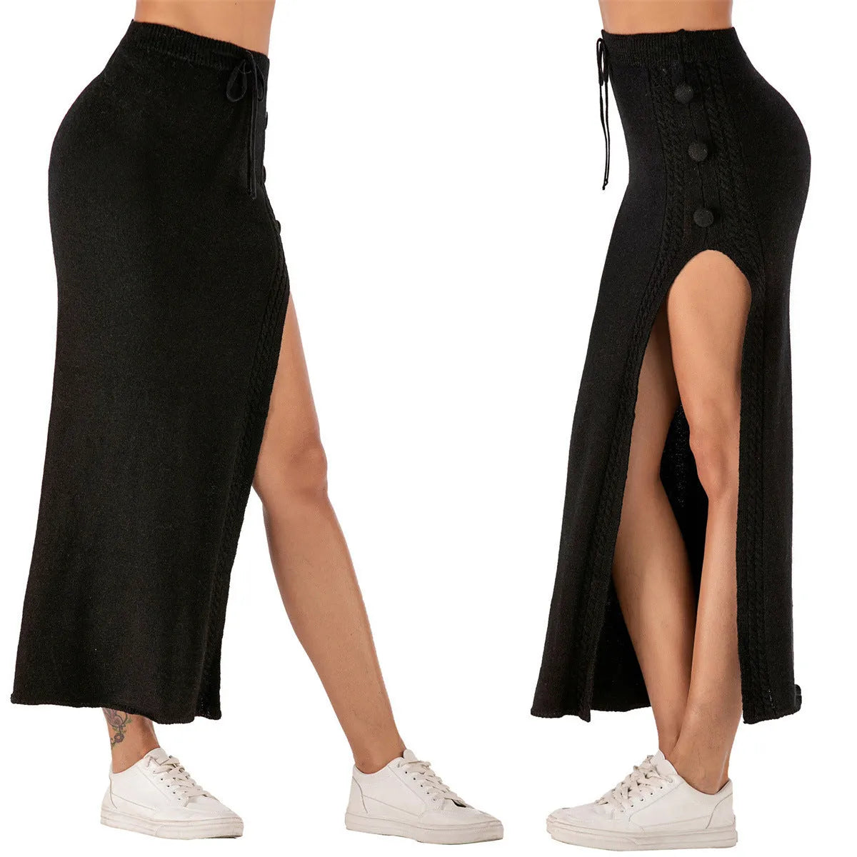 Slim-fit mid-length acrylic skirt with split design and strap detailing in black, pink, or grey colours
