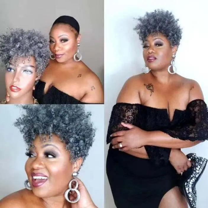 Women's short synthetic wig with simple rolls style in multiple colour options including black, brown, gold and gray