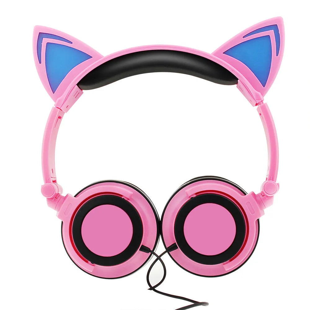LED illuminated black cat ear headphones with soft PU earcups and a 1.5m cable showing pink and blue lighting