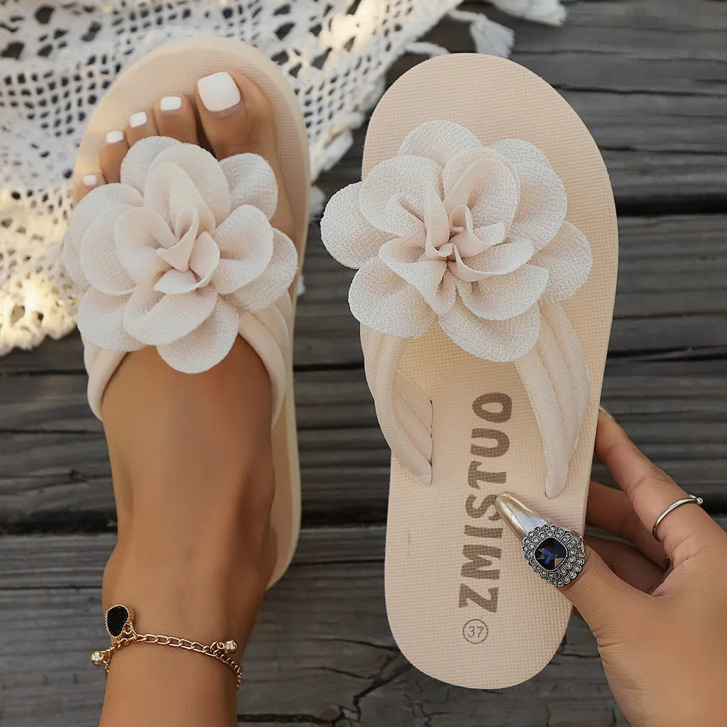 Plus size green PU slipper with round toe holder and flower strap, shown next to rose red and beige colour options.