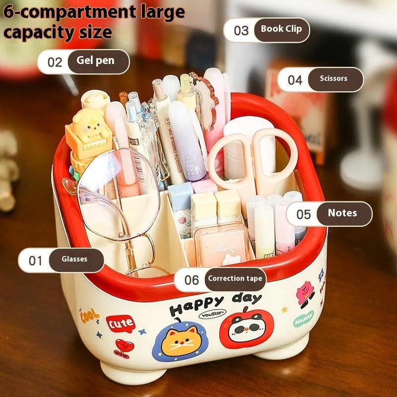Cartoon design plastic desktop organiser with storage box, pen container, tissue box and coin bank accessories in red and brown colours