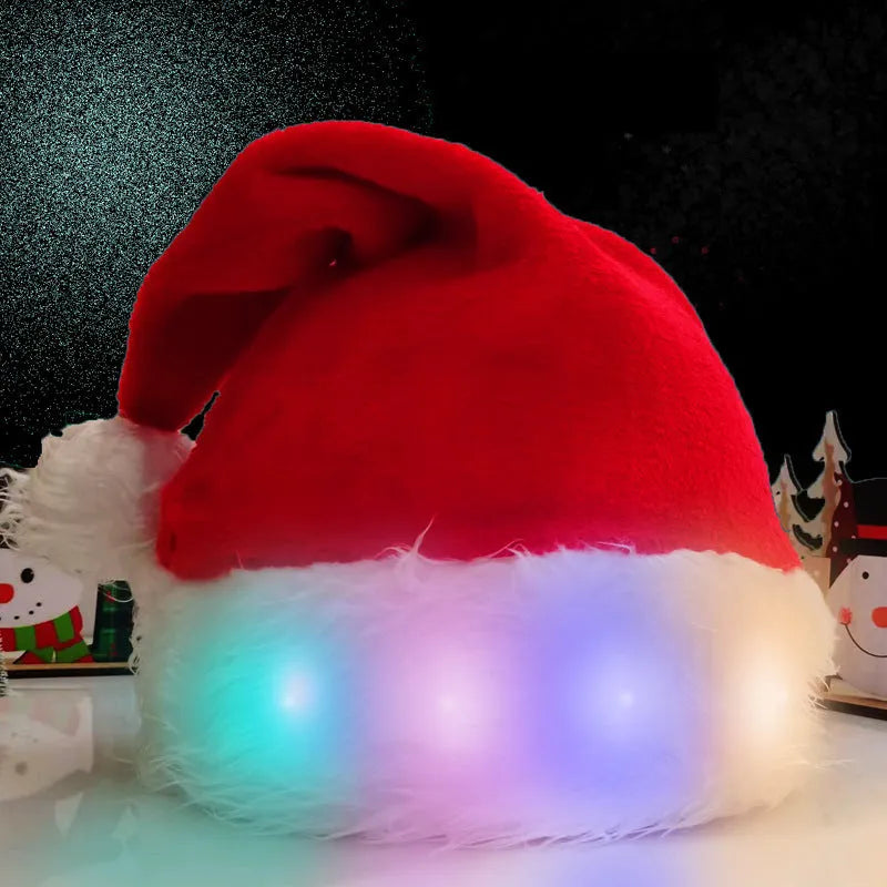 Red and white LED light up Santa hat with colour changing lights and a white pom-pom.