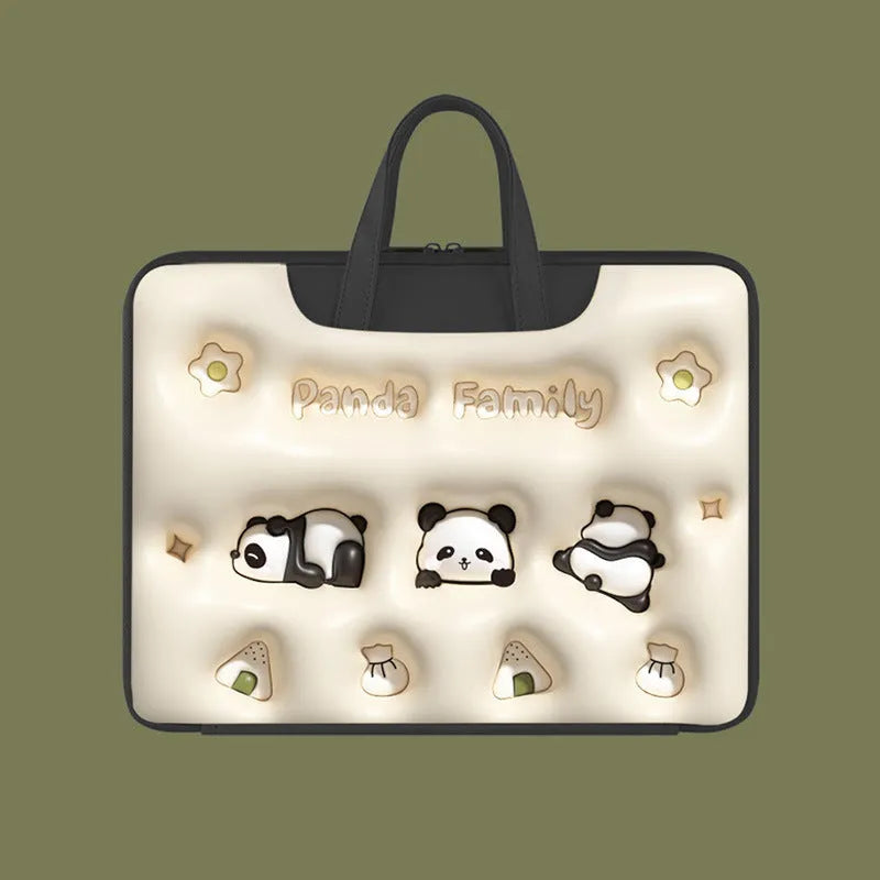 Inflatable PU leather laptop bag with suitcase hanger in cute panda print for a 15.6-inch device.