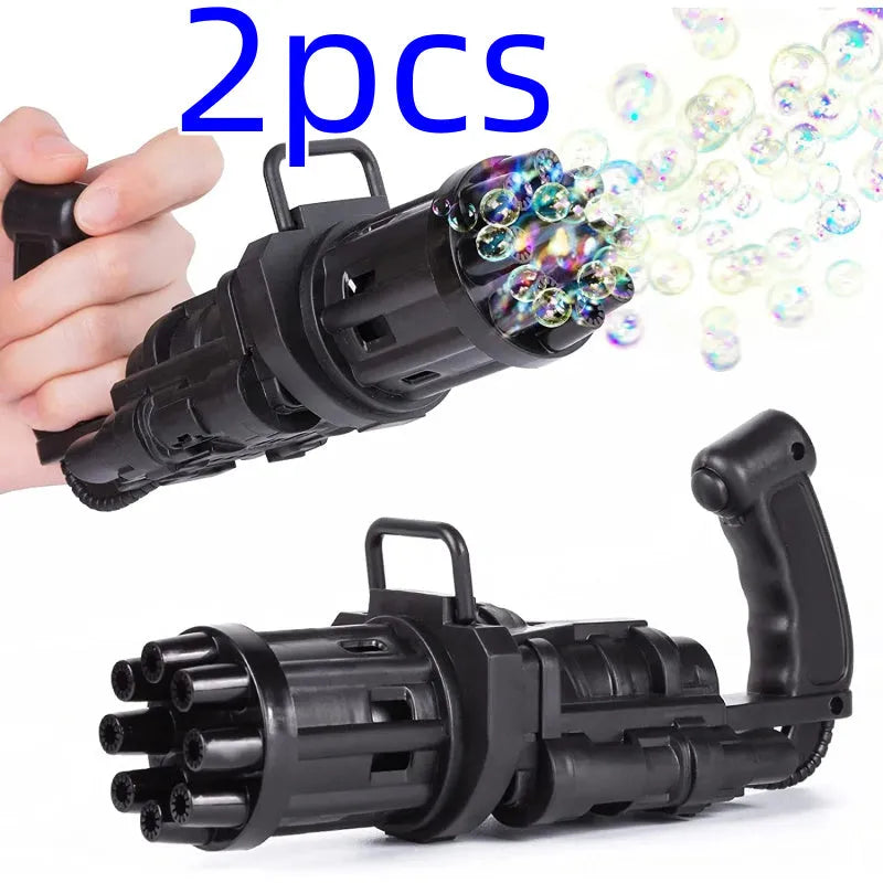 Child's plastic bubble blower gun in pink, gold, or black with removable bubble head for use as a fan.