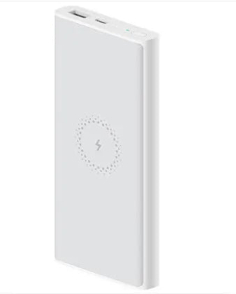 Black and white 10000mAh capacity power bank with USB and Type-C ports for fast and wireless charging