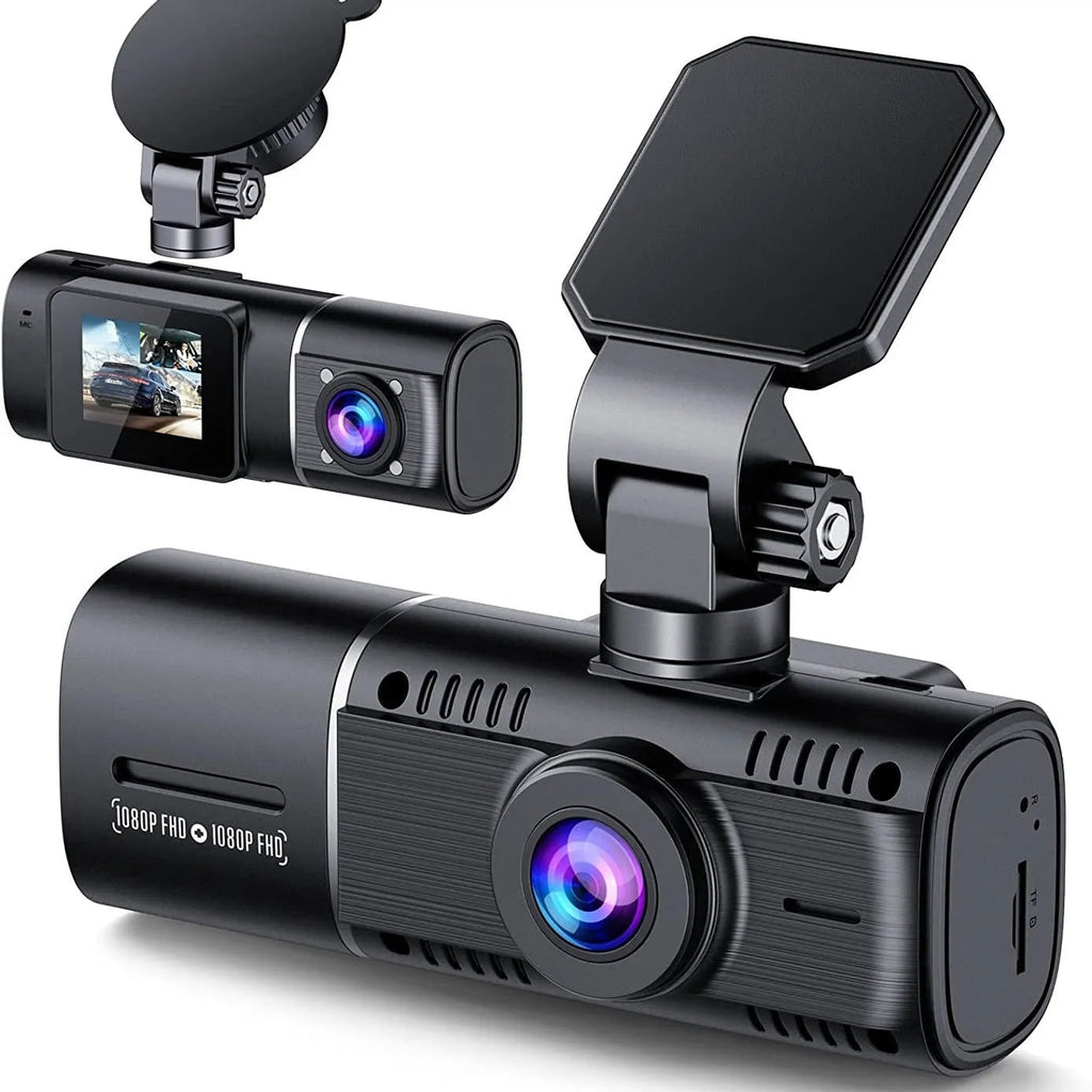 Black dashboard camera for car with 1.5-inch screen, shown with car charger and mounting stand.