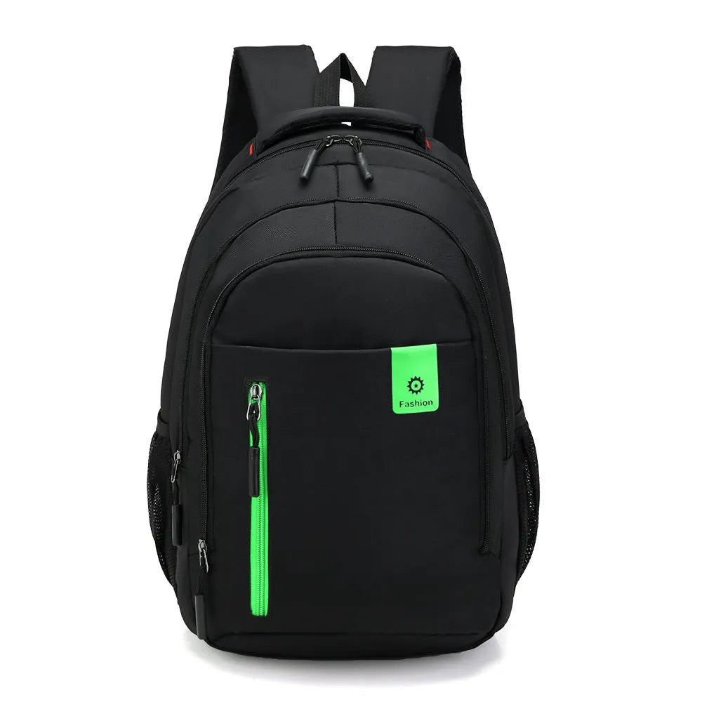 Teenage backpack in Oxford fabric showing side zipper pockets and breathable shoulder straps