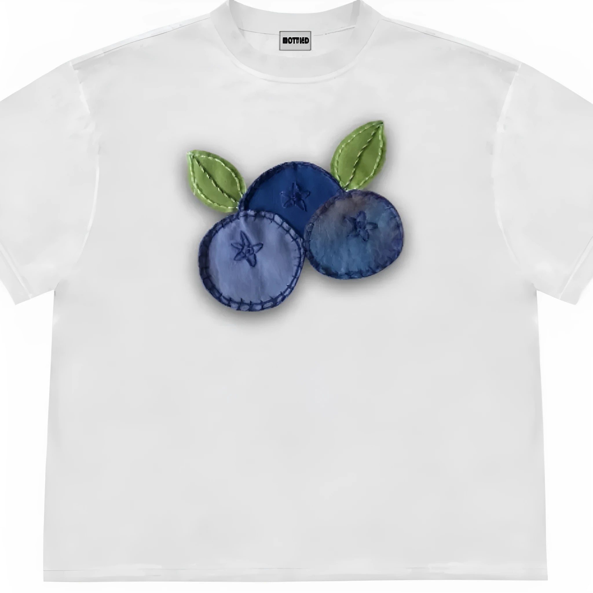 Women's loose fit blueberry patchwork T-shirt with fruit print on ice oxygen cotton.