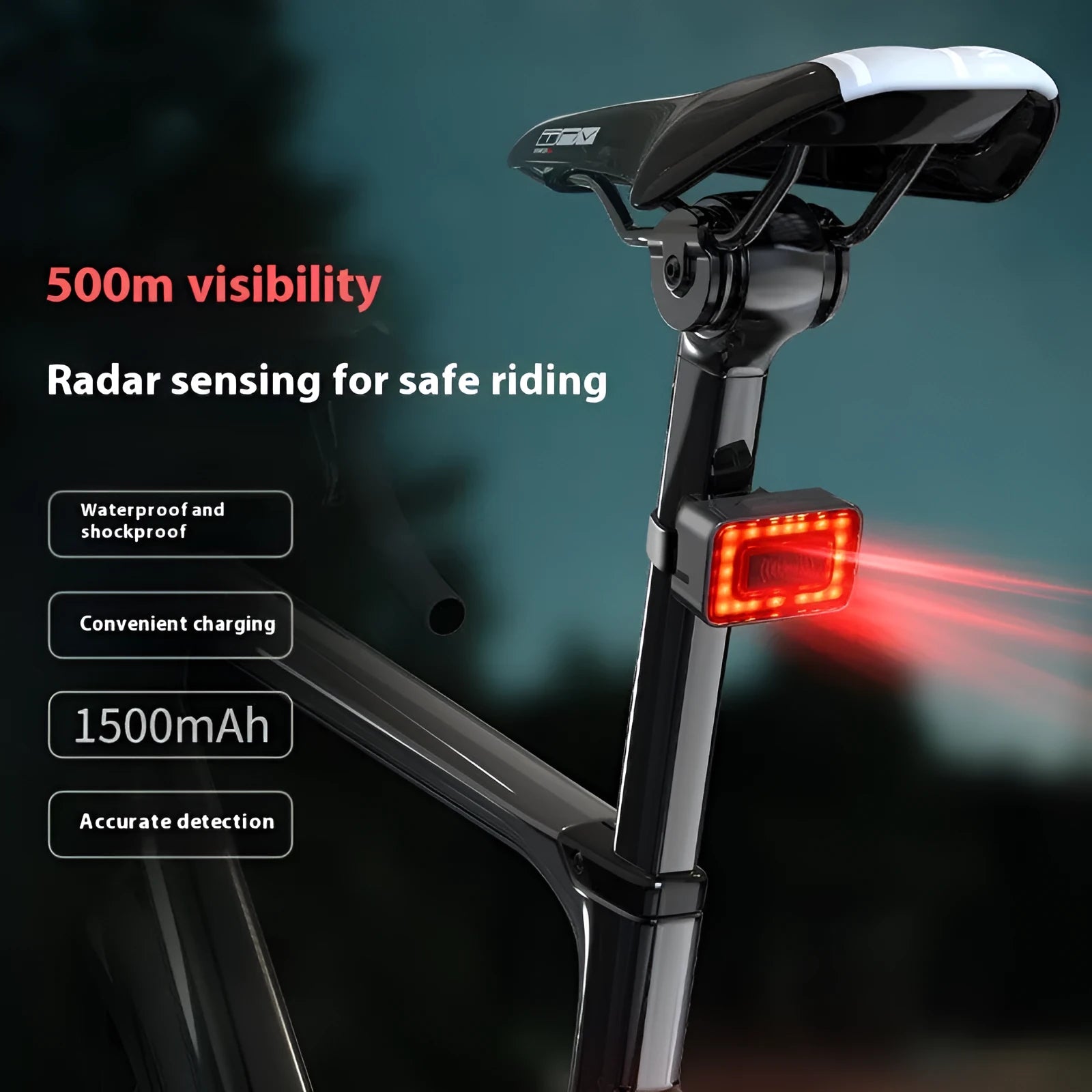 Smart millimeter wave radar cycling tail light with double bracket mount showing Type-C charging port