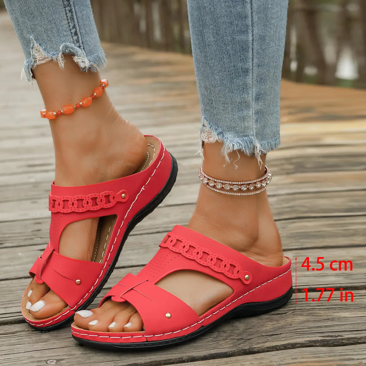 Women's Roman style slippers with slope heel and fish mouth toe design in PU upper and rubber sole