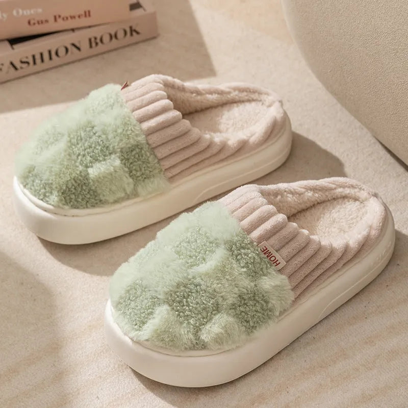 Plaid plush indoor slippers for women in five colours with thick lining and non-slip PVC sole