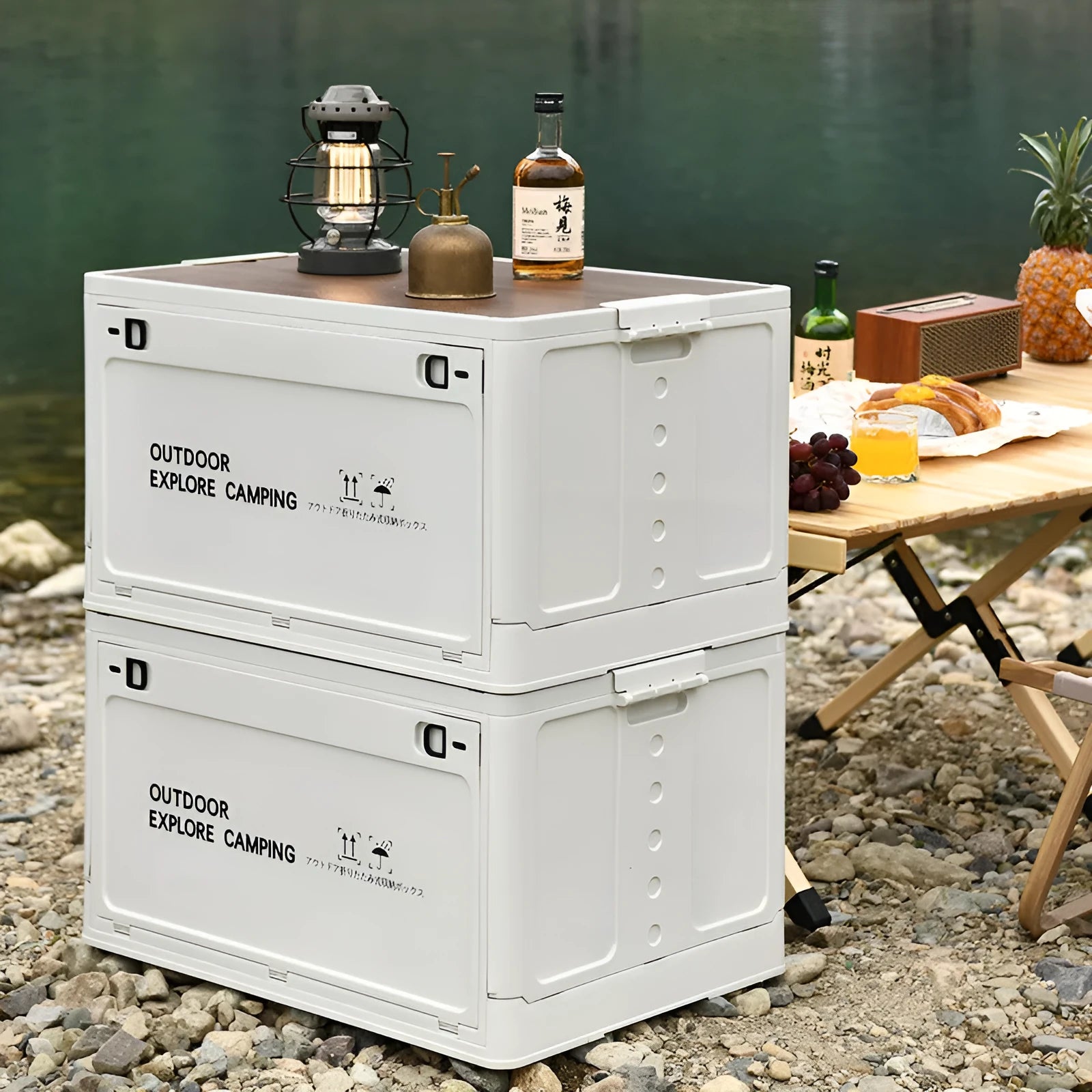 Large white plastic storage box with wooden lid showing foldable sides