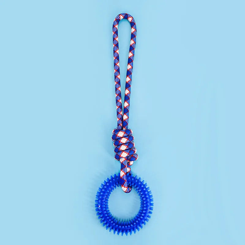 Blue braided rope pet toy with knot design measuring 43cm long for bite-resistant puppy entertainment