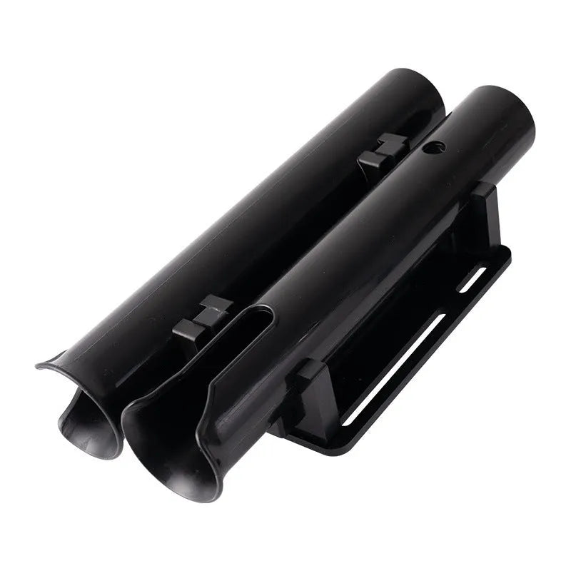 Plastic double-layer fishing rod rack clamped onto a bicycle frame tube