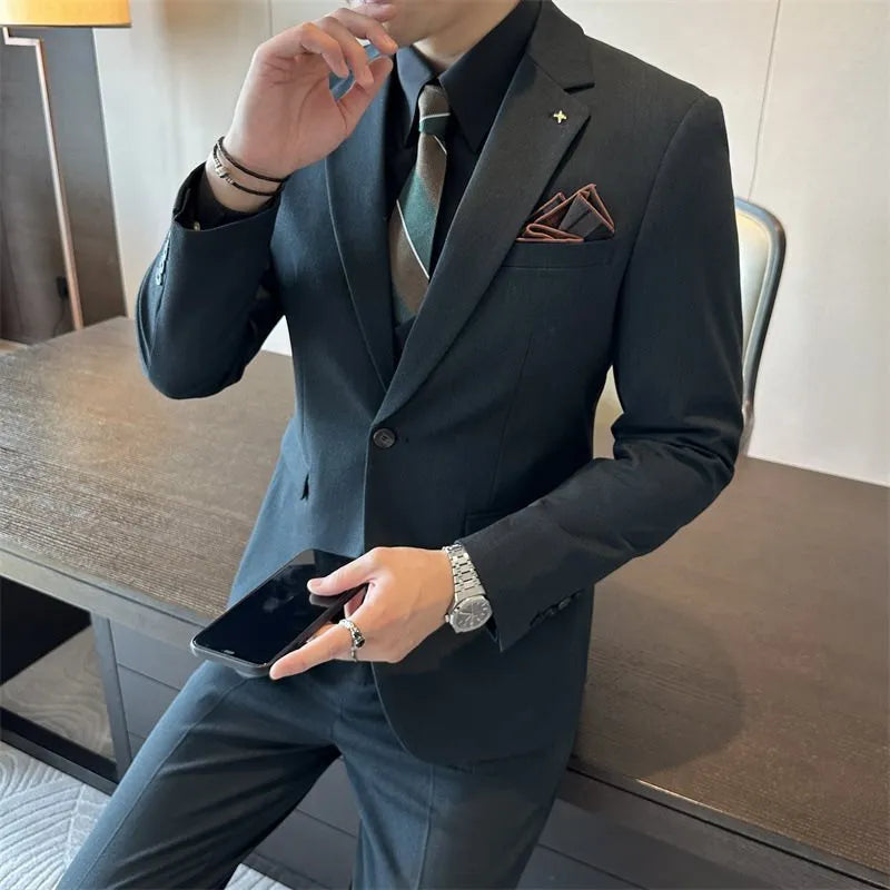 Men's slim-fit business trousers in chemical fibre blend available in camel, brown, and dark green colours