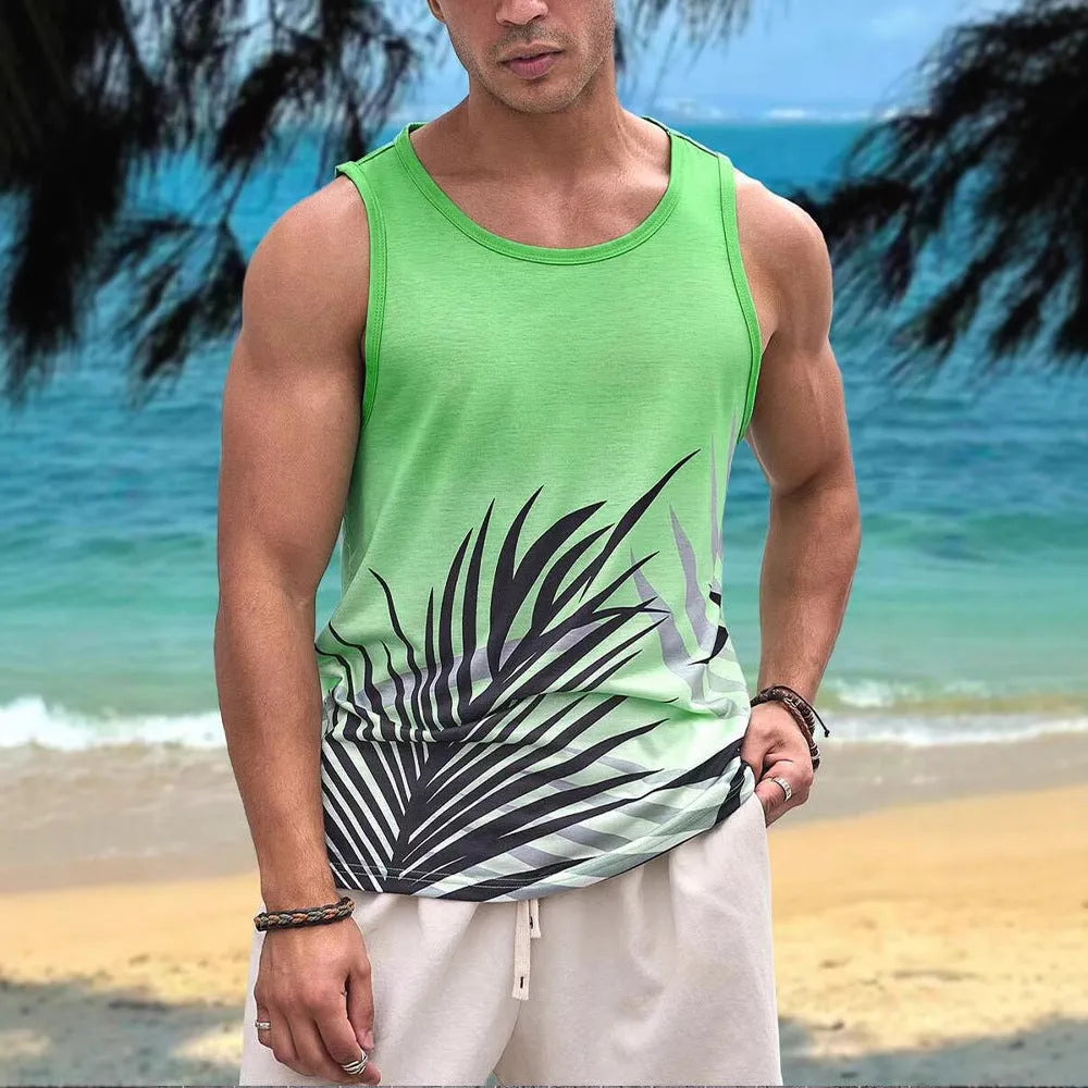 Men's 3D printed Hawaiian-style sleeveless vest in polyester pinhole cloth showing solid colour option