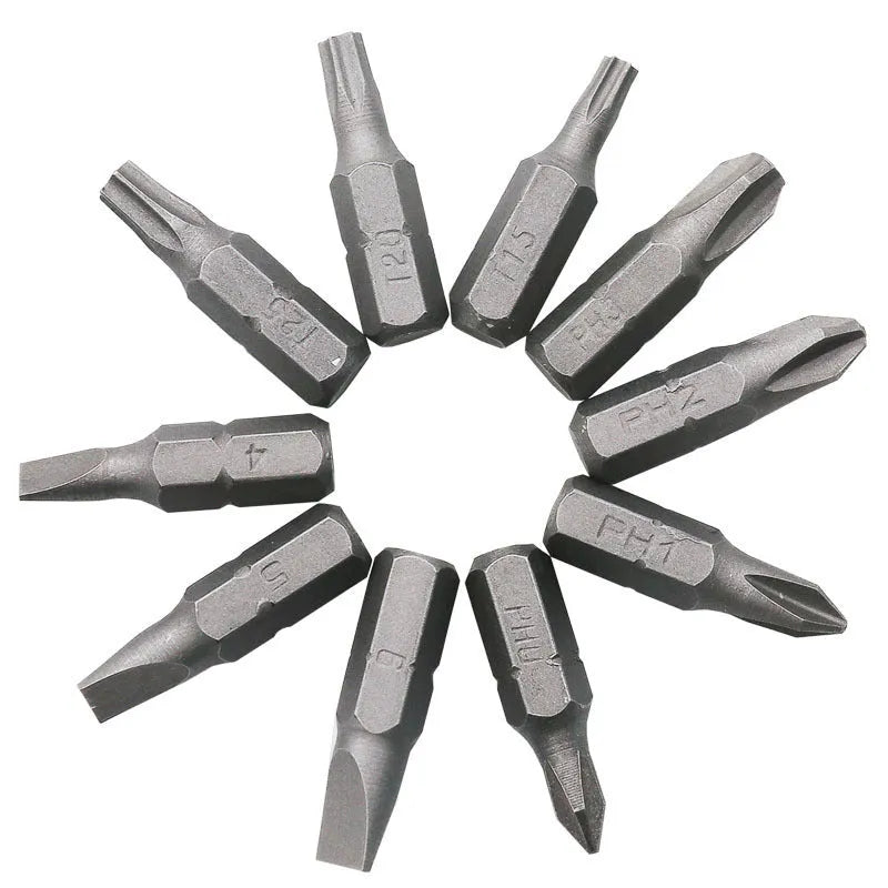 L-shaped double-headed socket wrench handle with set of 10 screwdriver bits and 10 socket wrenches on a workbench