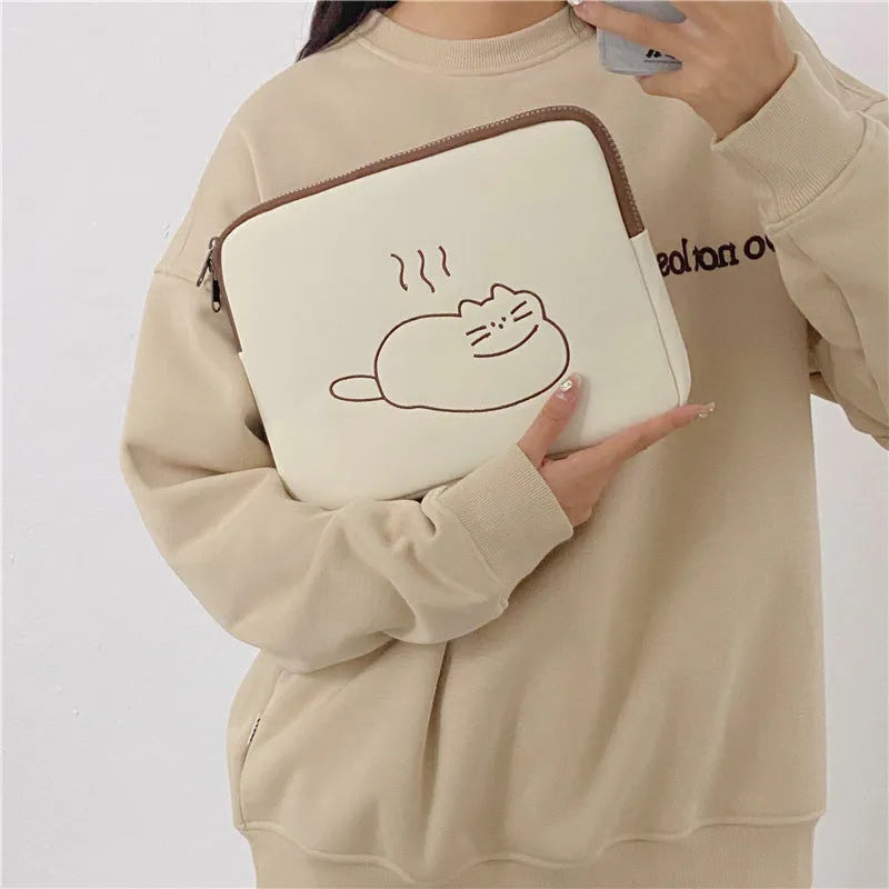 Embroidered animal tablet protective sleeve with zipper in fat cat or sleepy cat designs