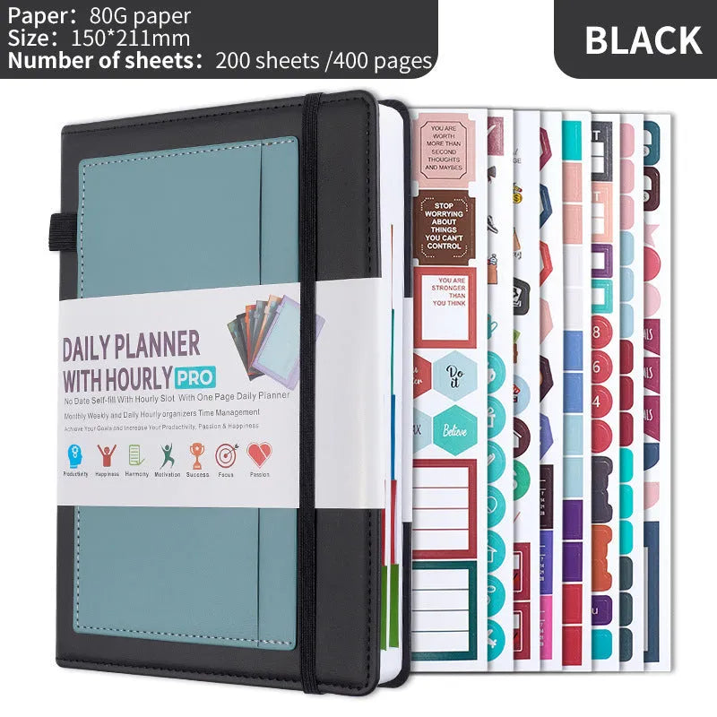 Self-filled no-date notebook with thread binding, showing PU cover in purple with planning stickers