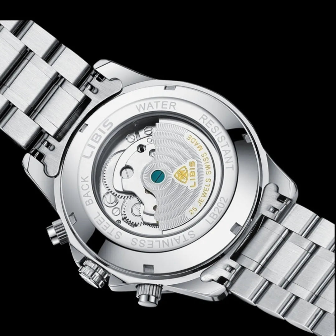 Men's silver stainless steel automatic perpetual calendar mechanical watch with business styling