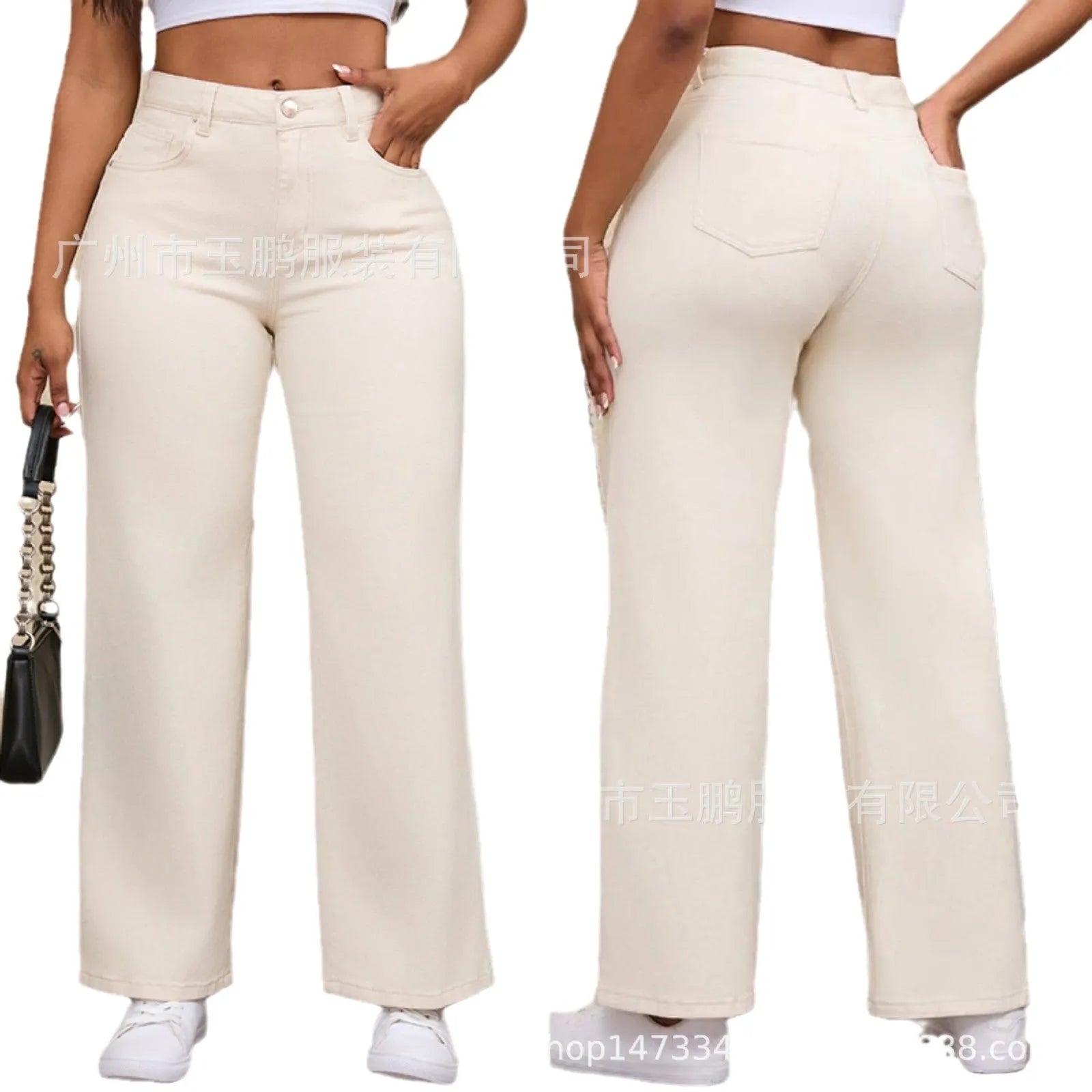 Women's apricot straight wide-leg high-waisted cotton trousers on a hanger.