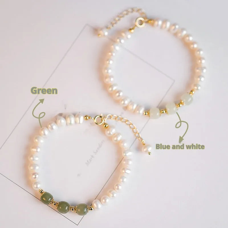 Diamond-shaped freshwater pearl bracelet with Hetian jade electroplating in Korean jewellery style