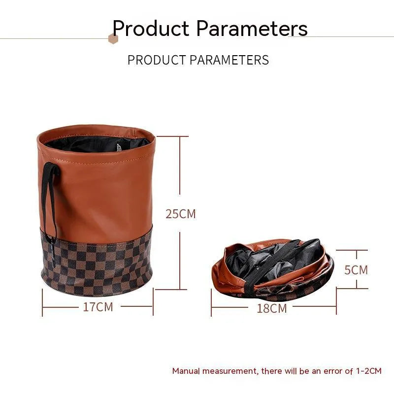 Brown retractable leather car trash can showing expanded and folded positions