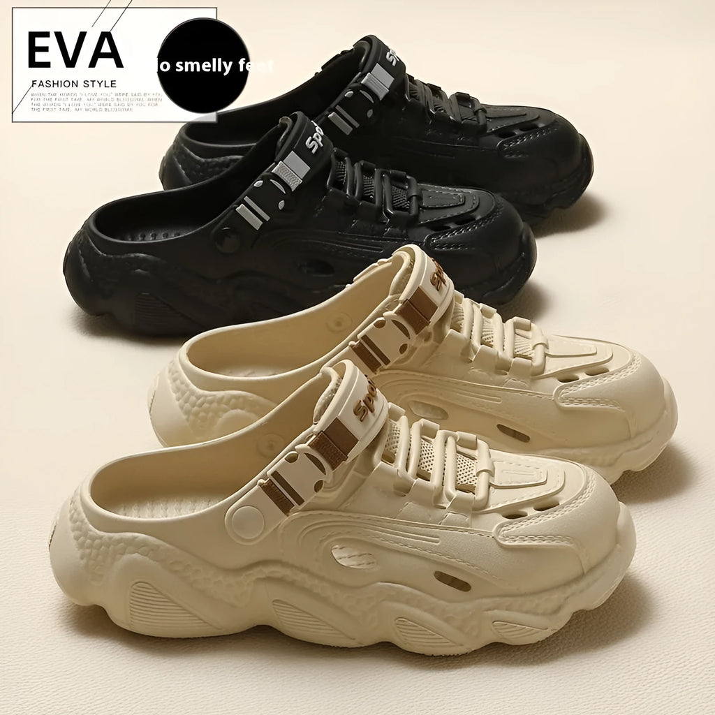 Men's khaki outdoor slippers with a breathable design and textured EVA sole.
