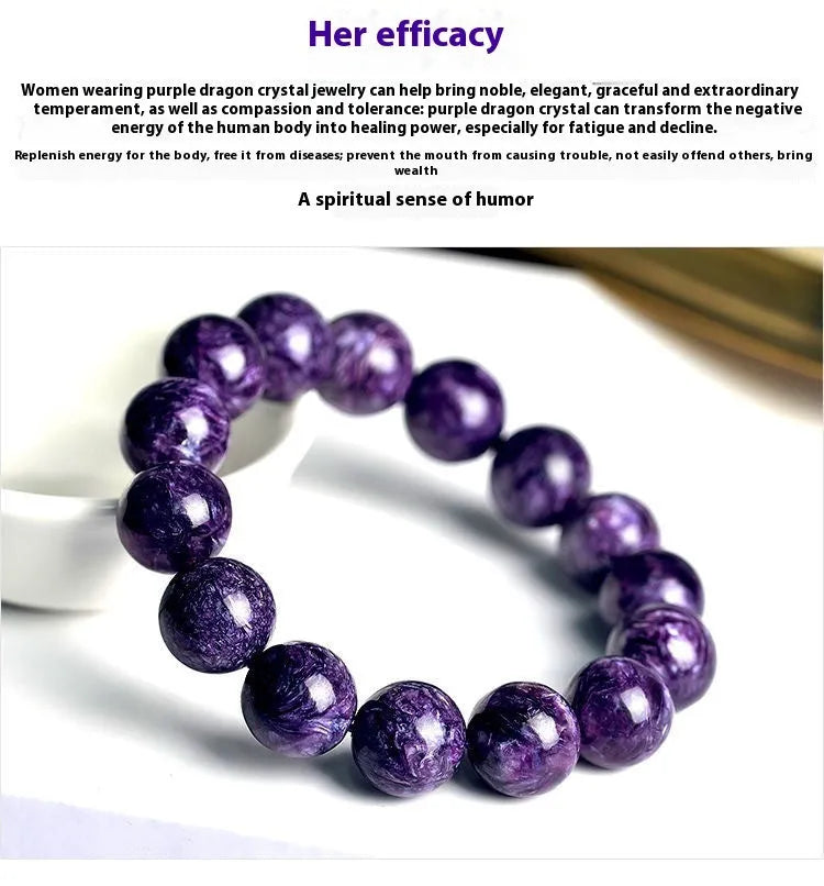 Natural transparent charoite crystal bracelet with platinum elements in four bead sizes