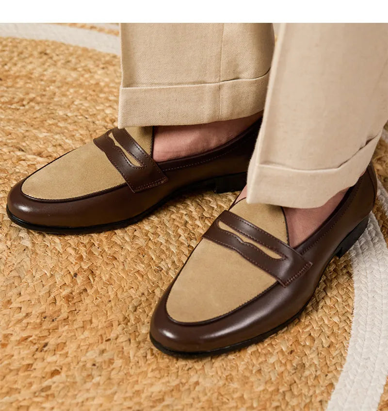 Coffee grey suede leather men's loafers with a slip-on kick closure and rubber sole.