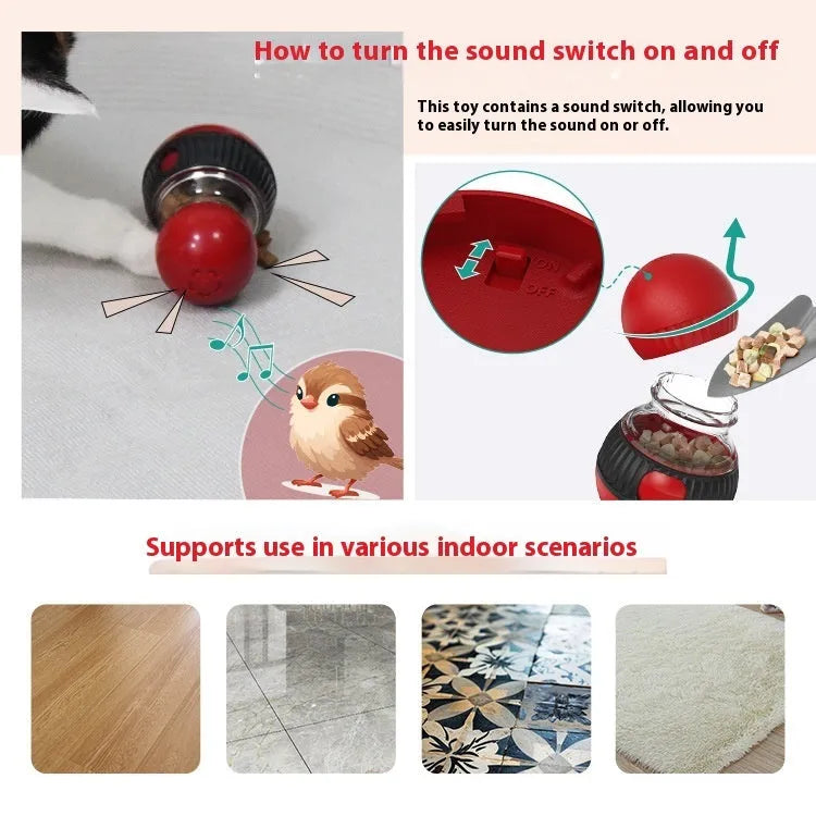 Rotating plastic cat food ball toy with Super Ball colour design showing treat dispensing mechanism