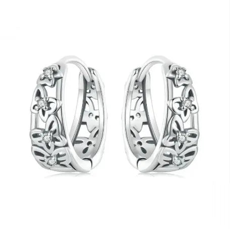 Sterling silver retro butterfly earrings with zircon detailing and hollow design