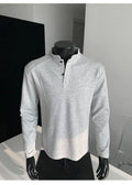 Men's gray patchwork stand-up collar long sleeve cotton sweater shirt on hanger