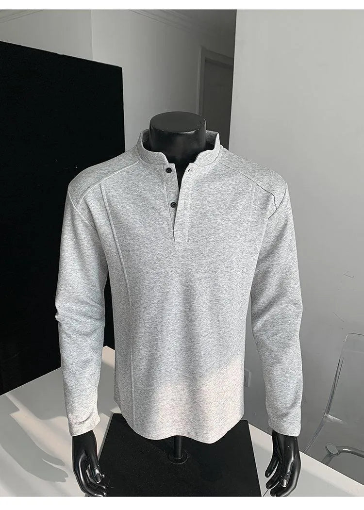 Men's gray patchwork stand-up collar long sleeve cotton sweater shirt on hanger