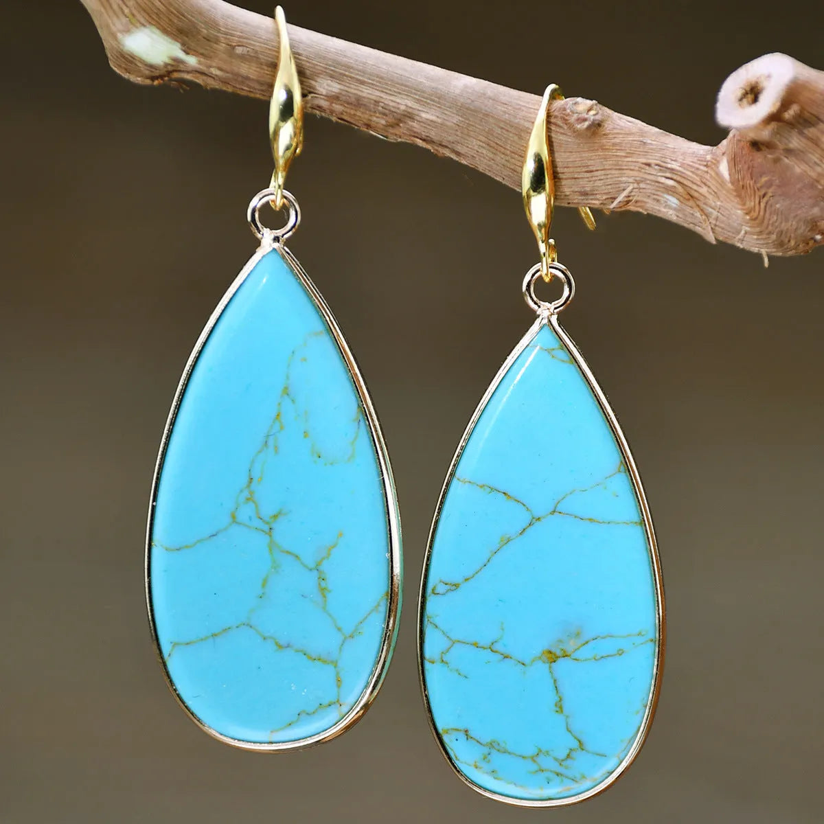 Vintage drop-shaped stone earrings in tigereye, amethyst, or turquoise with water droplet design