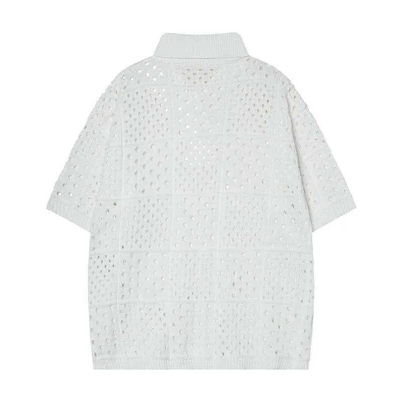 Short-sleeved polo shirt with hollow knit design in black colour showing loose fit