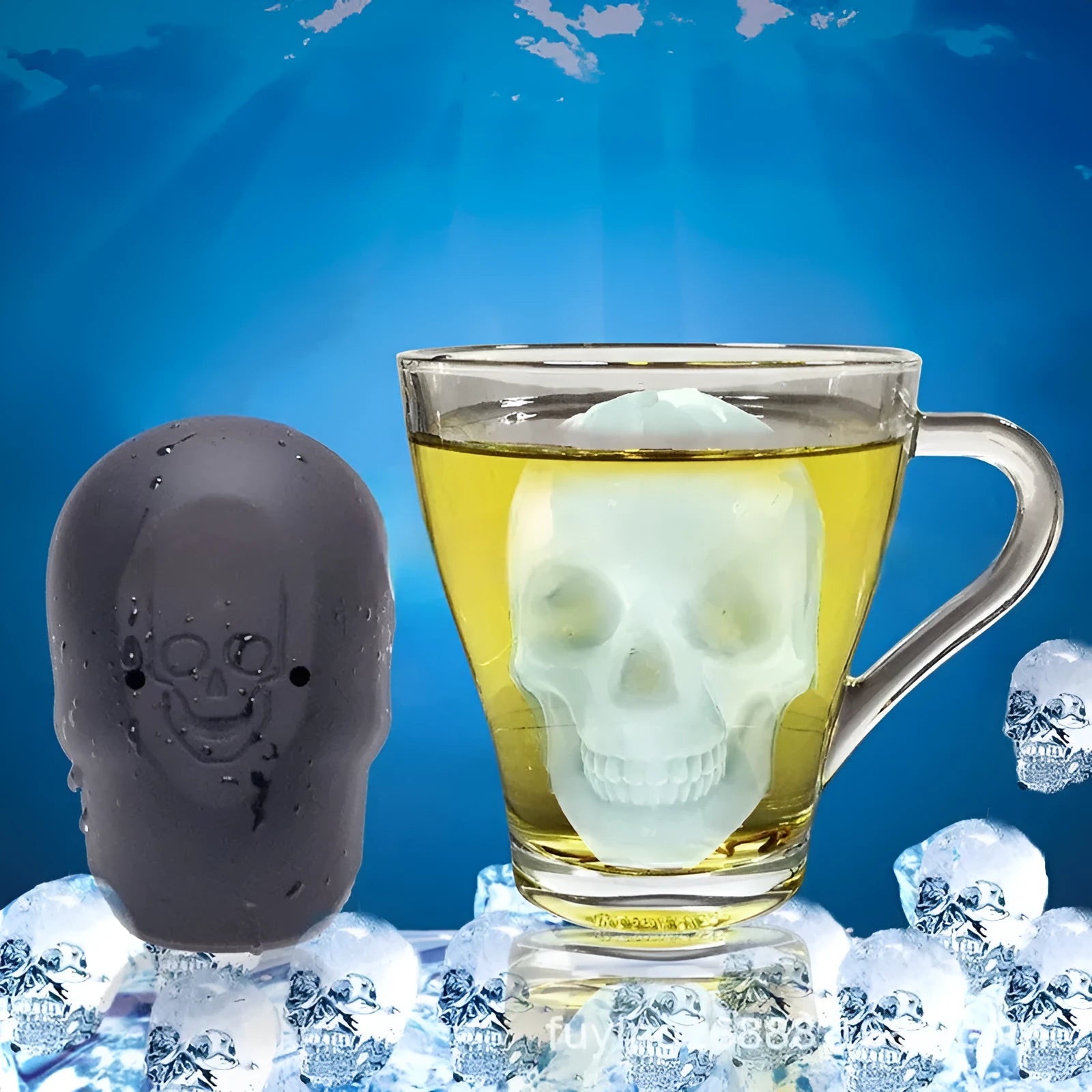 Halloween skull ice cube tray made from food-grade silicone measuring 5.8 by 8.5 by 7 cm