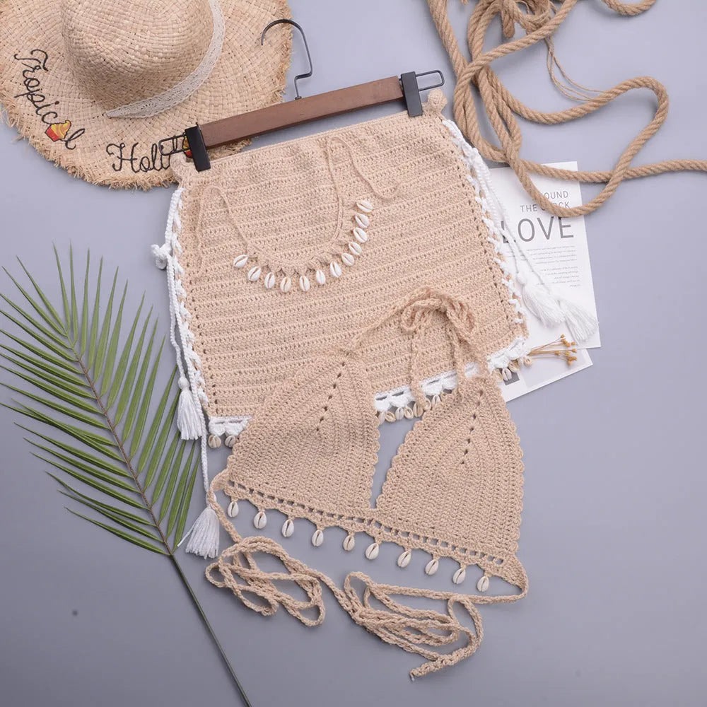 Women's handmade lace-up split swimsuit in solid colours: black, apricot, white apricot skirt
