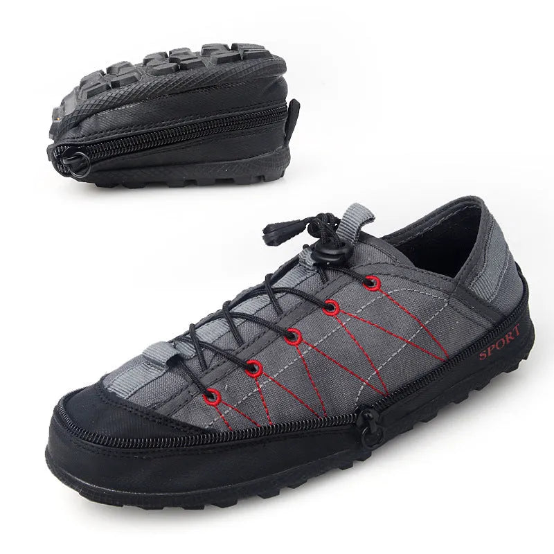 Orange portable folding outdoor hiking shoe with mesh upper and side zipper