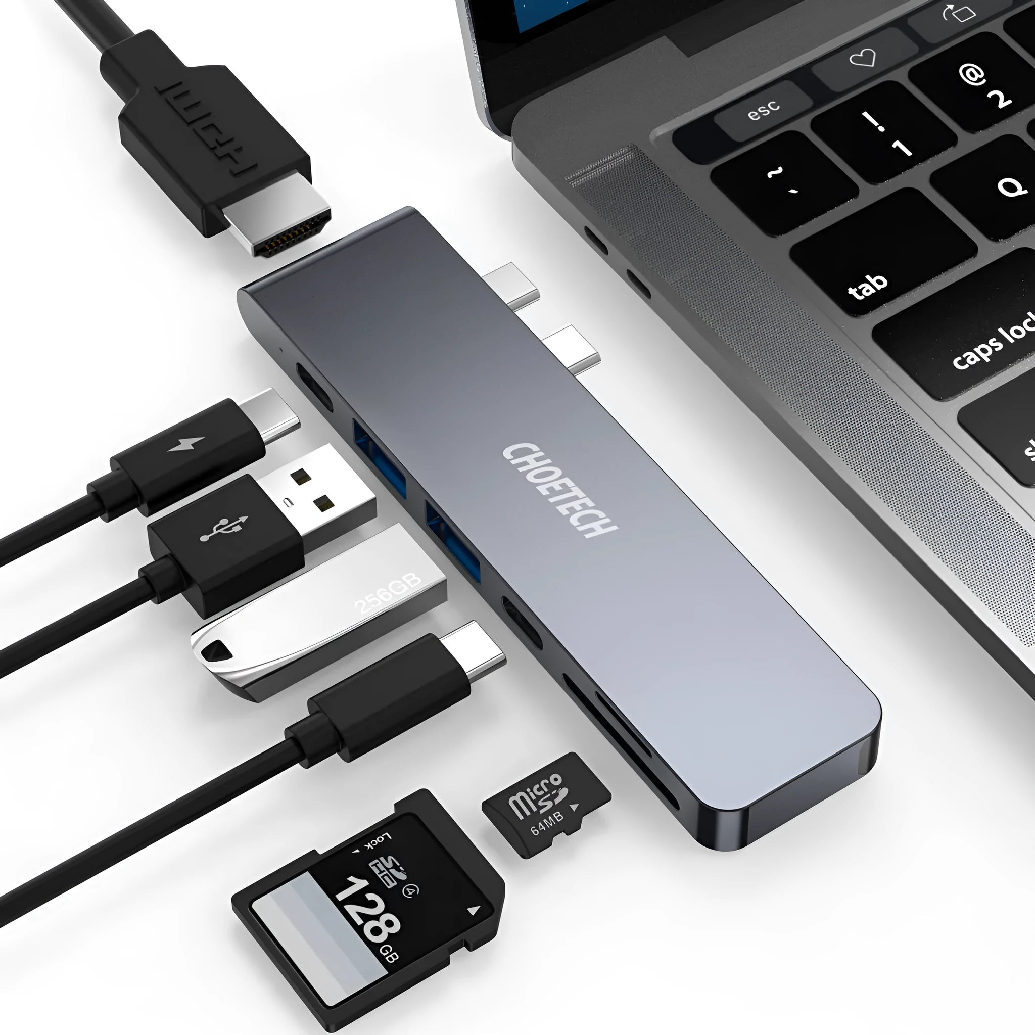 Aluminium alloy USB-C adapter with SD card reader, Thunderbolt 3, 4K HDMI, and USB 3.0 ports
