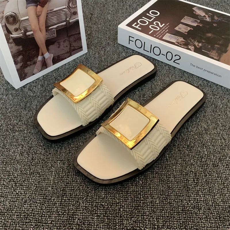 Women's summer flat slippers in apricot colour with waterproof PVC sole